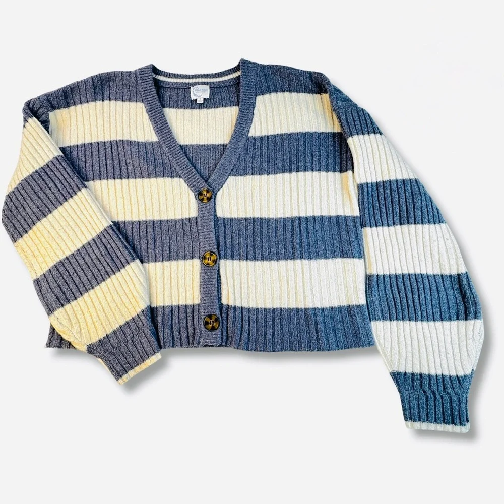 Blue Rain Striped Cropped Cardigan Sz Small Blue and Cream Stripes Button Front